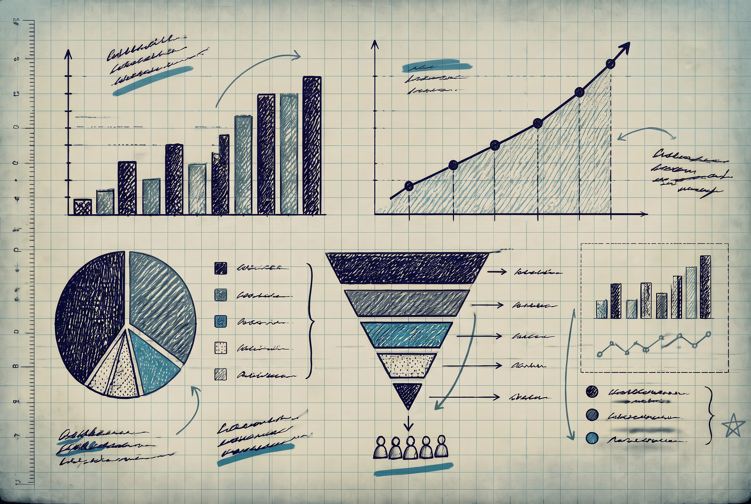 Hand-drawn marketing charts and analytics sketched in ink on aged graph paper with handwritten notes